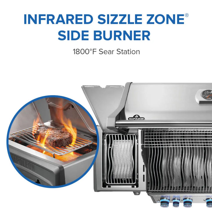Napoleon Rogue PRO-S 625 RSIB with Infrared Side and Rear Burner: High-performance outdoor grill featuring seven burners, including infrared side and rear burners for professional-grade cooking capabilities, with stainless steel construction and iconic WAVE cooking grids.