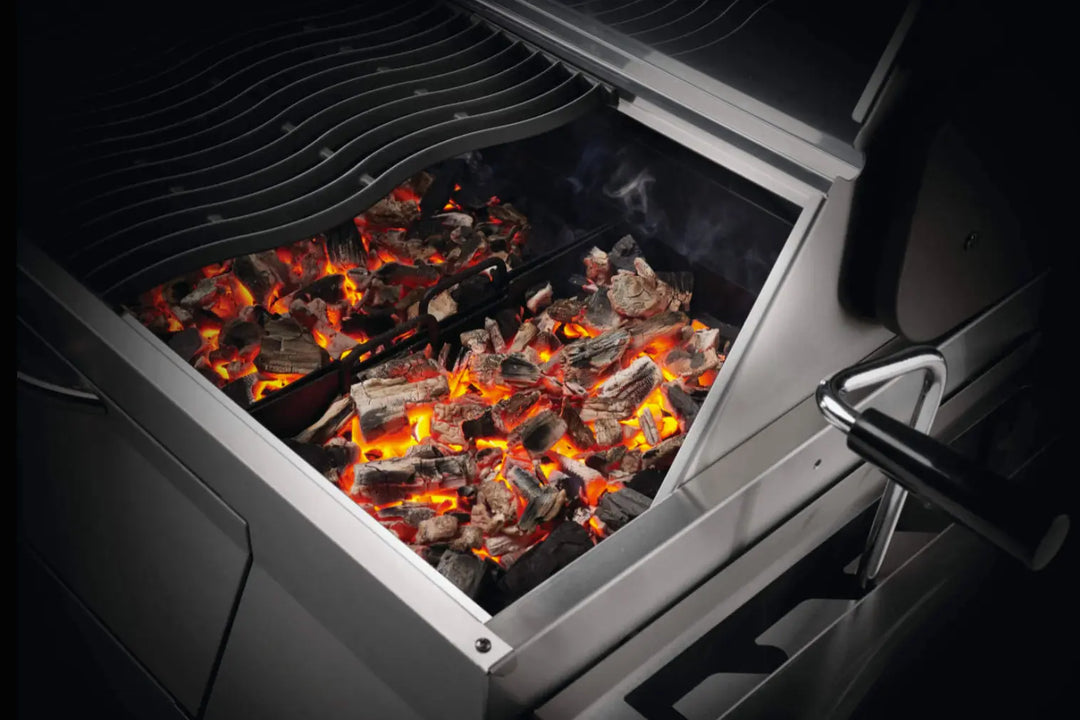 Napoleon Professional 605 Charcoal Cart: Durable stainless steel construction features a large cooking area with adjustable charcoal bed, sliding air vents, and a center-gravity lid for precise heat control and effortless cleanup.