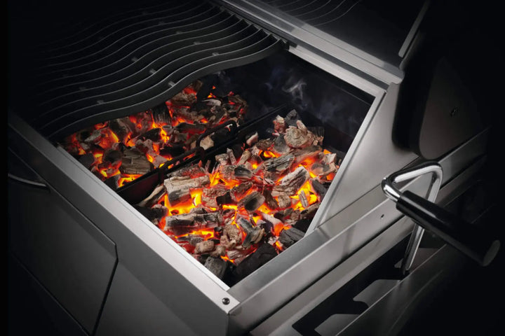 Napoleon Professional 605 Charcoal Cart: Durable stainless steel construction features a large cooking area with adjustable charcoal bed, sliding air vents, and a center-gravity lid for precise heat control and effortless cleanup.