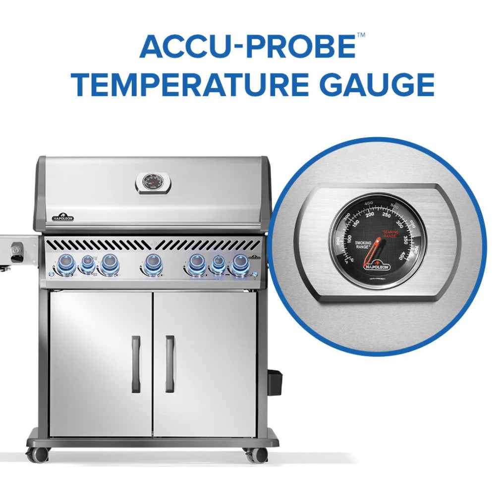 Napoleon Rogue PRO-S 625 RSIB with Infrared Side and Rear Burner: Stainless steel gas grill with seven burners, including SIZZLE ZONE infrared side burner and rear rotisserie burner for professional-grade performance in backyard cooking.