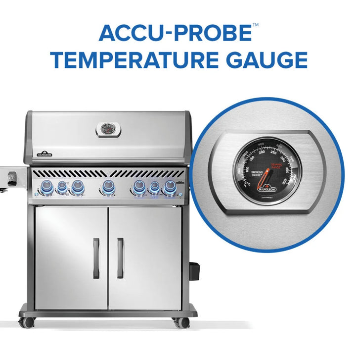 Napoleon Rogue PRO-S 625 RSIB with Infrared Side and Rear Burner: Stainless steel gas grill with seven burners, including SIZZLE ZONE infrared side burner and rear rotisserie burner for professional-grade performance in backyard cooking.