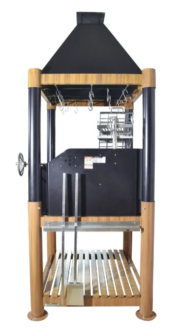 Tagwood "The Beast" Santa Maria Style Grill - Wood & Black: A heavy-duty grilling behemoth crafted from black cold-rolled steel and premium 304 stainless steel, featuring six distinct cooking zones, including clamp grill, swivel griddle, warming racks, dual height-adjustable grates, S-shaped meat hooks, and brasero firebox for authentic Argentine grilling.