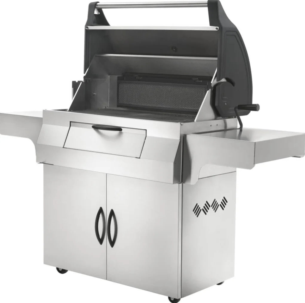 Napoleon Professional 605 Charcoal Cart: Durable stainless steel construction featuring 605 sq.in. main cooking space, adjustable charcoal bed, sliding air vents, and signature WAVE cooking grids for sear marks.