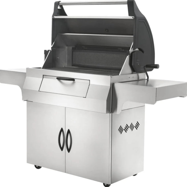 Napoleon Professional 605 Charcoal Cart: Durable stainless steel construction featuring 605 sq.in. main cooking space, adjustable charcoal bed, sliding air vents, and signature WAVE cooking grids for sear marks.