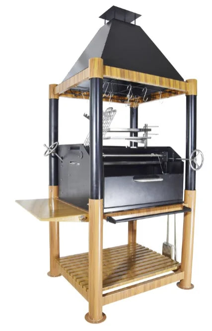 Tagwood The Beast Santa Maria Style Grill - Wood & Black, heavy-duty black cold-rolled steel construction with premium 304 stainless steel food-contact elements, six distinct cooking zones and integrated brasero firebox for Argentine grilling mastery.