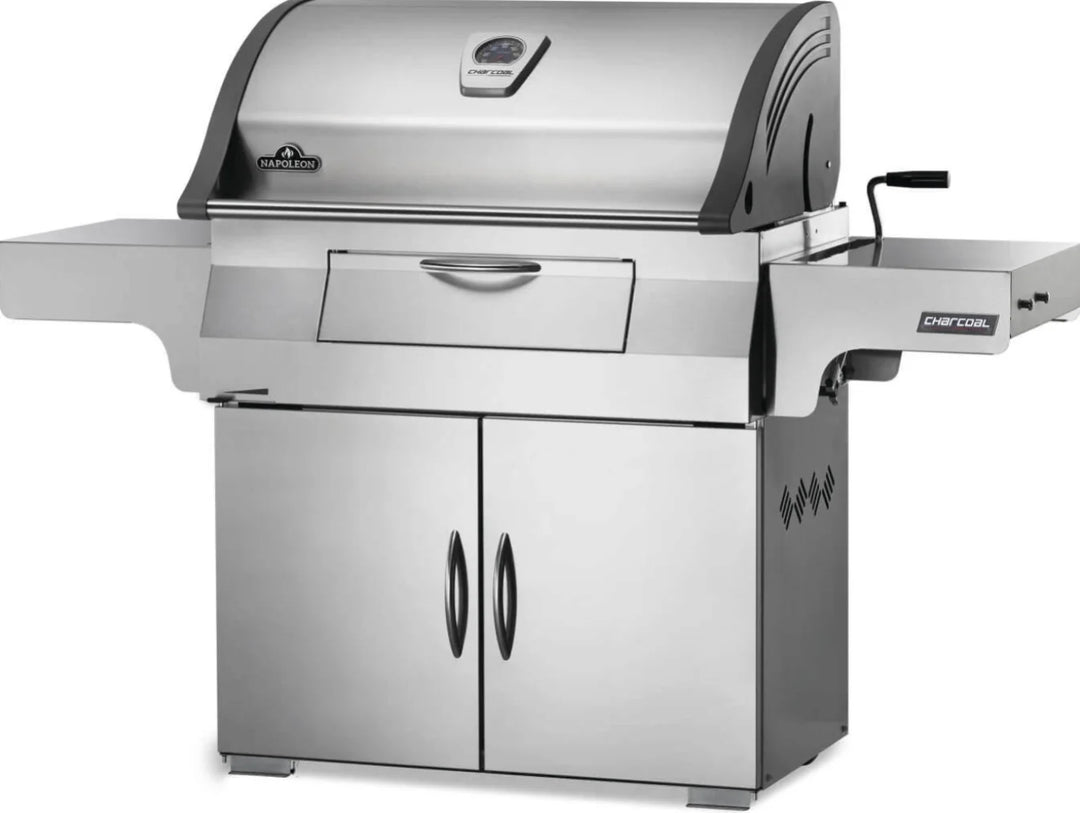 Napoleon Professional 605 Charcoal Cart: Durable stainless steel construction features front-loading charcoal access, adjustable bed, and sliding air vents for precise heat control in a spacious 605 sq.in. cooking area with WAVE™ grids.