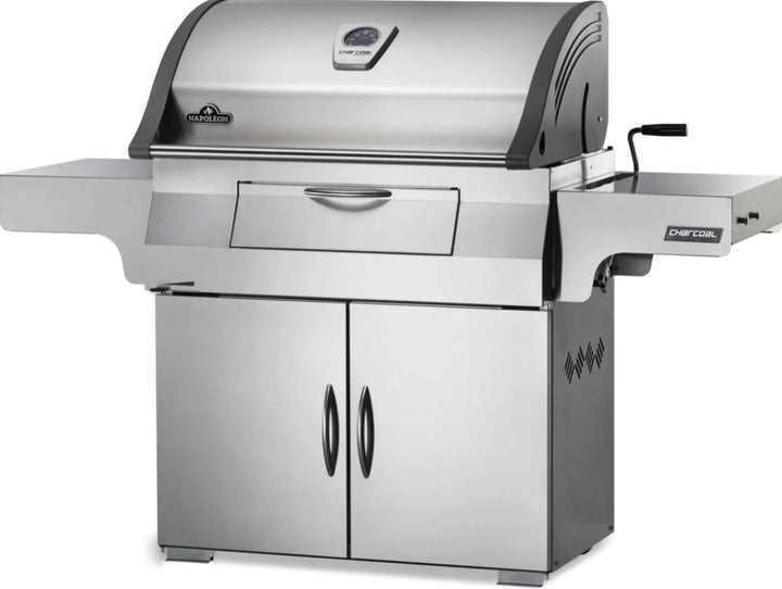 Napoleon Professional 605 Charcoal Cart: Durable stainless steel construction features front-loading charcoal access, adjustable bed, and sliding air vents for precise heat control in a spacious 605 sq.in. cooking area with WAVE™ grids.
