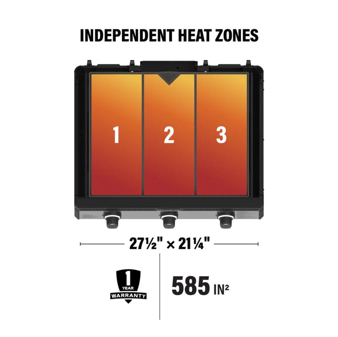 Blackstone 28” Deep Drop-In SS Griddle with Hood - Propane Ready: A propane-ready drop-in griddle featuring advanced heating technology, wind guards, and electric ignition, with ambient lighting for nighttime cooking.