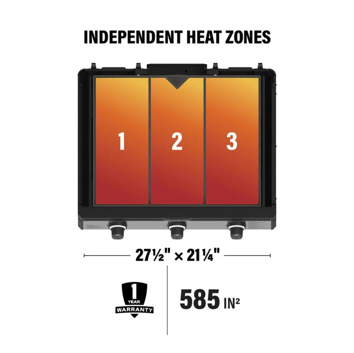 Blackstone 28” Deep Drop-In SS Griddle with Hood - Propane Ready: A propane-ready drop-in griddle featuring advanced heating technology, wind guards, and electric ignition, with ambient lighting for nighttime cooking.
