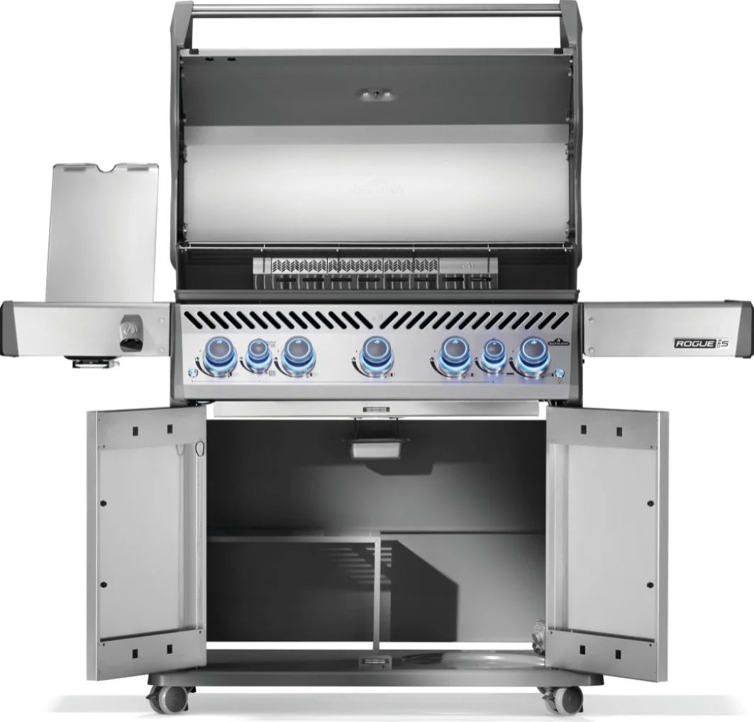 Napoleon Rogue PRO-S 625 RSIB with Infrared Side and Rear Burner: A high-performance gas grill featuring seven burners, including a powerful SIZZLE ZONE infrared side burner and rear rotisserie burner.