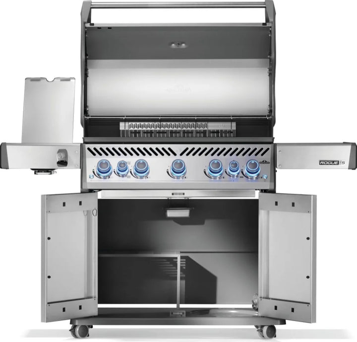 Napoleon Rogue PRO-S 625 RSIB with Infrared Side and Rear Burner: A high-performance gas grill featuring seven burners, including a powerful SIZZLE ZONE infrared side burner and rear rotisserie burner.