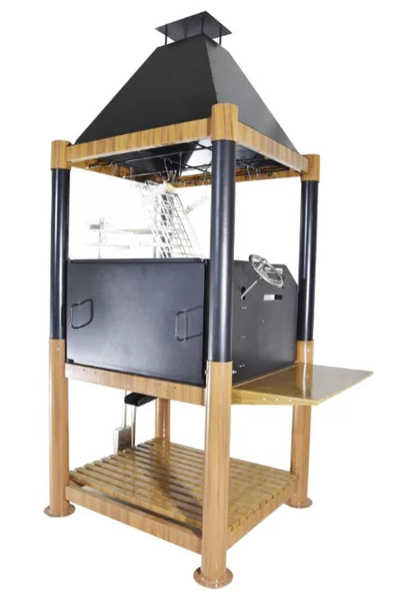 Tagwood "The Beast" Santa Maria Style Grill - Wood & Black features heavy-duty black cold-rolled steel construction, six distinct cooking zones, including clamp grill, swivel griddle, warming racks, and S-shaped meat hooks.