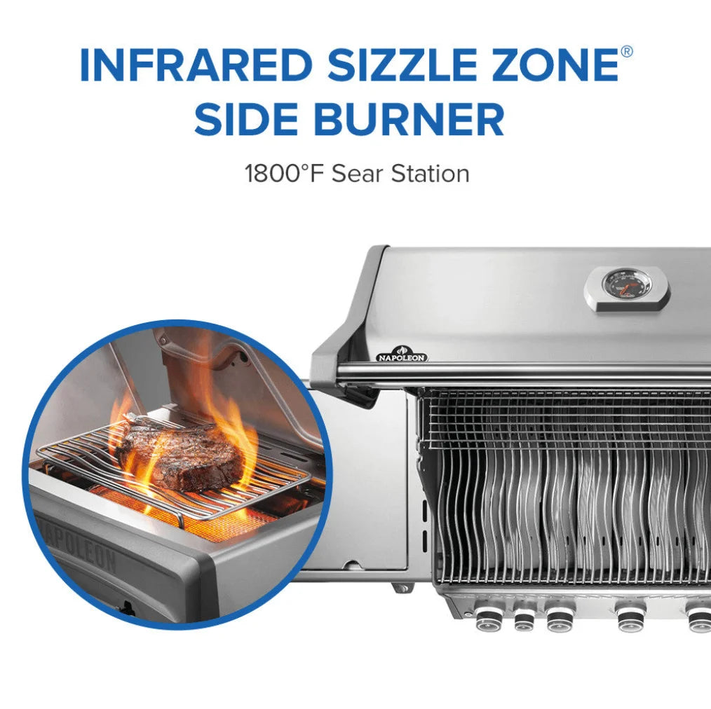 Napoleon Rogue PRO 625 SIB gas grill features stainless steel construction, six burners, including an integrated infrared side burner for searing and grilling large quantities with ease.