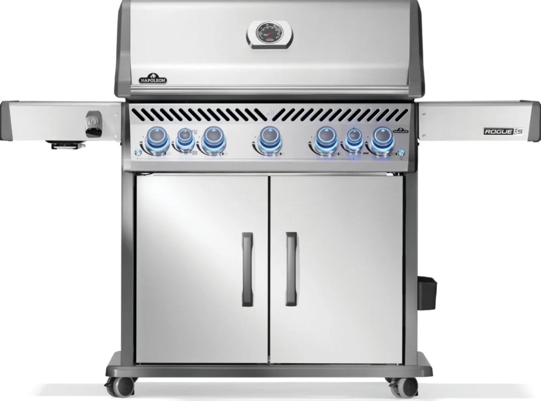 Napoleon Rogue PRO-S 625 RSIB Grill with Infrared Side and Rear Burner in Stainless Steel, featuring seven natural gas burners, SIZZLE ZONE infrared side burner, rear rotisserie burner, and WAVE cooking grids for professional-grade performance and even heat distribution.