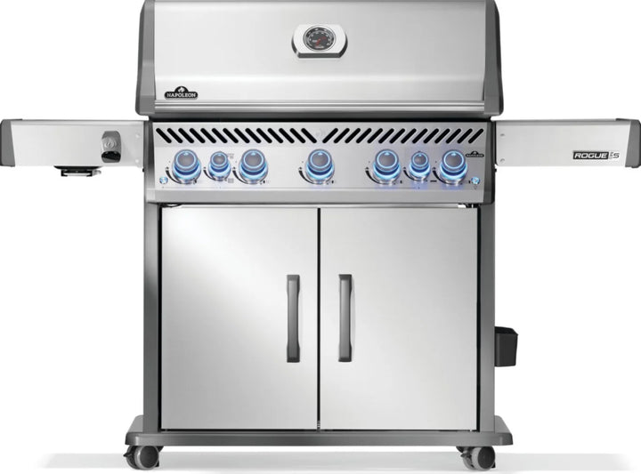 Napoleon Rogue PRO-S 625 RSIB Grill with Infrared Side and Rear Burner in Stainless Steel, featuring seven natural gas burners, SIZZLE ZONE infrared side burner, rear rotisserie burner, and WAVE cooking grids for professional-grade performance and even heat distribution.