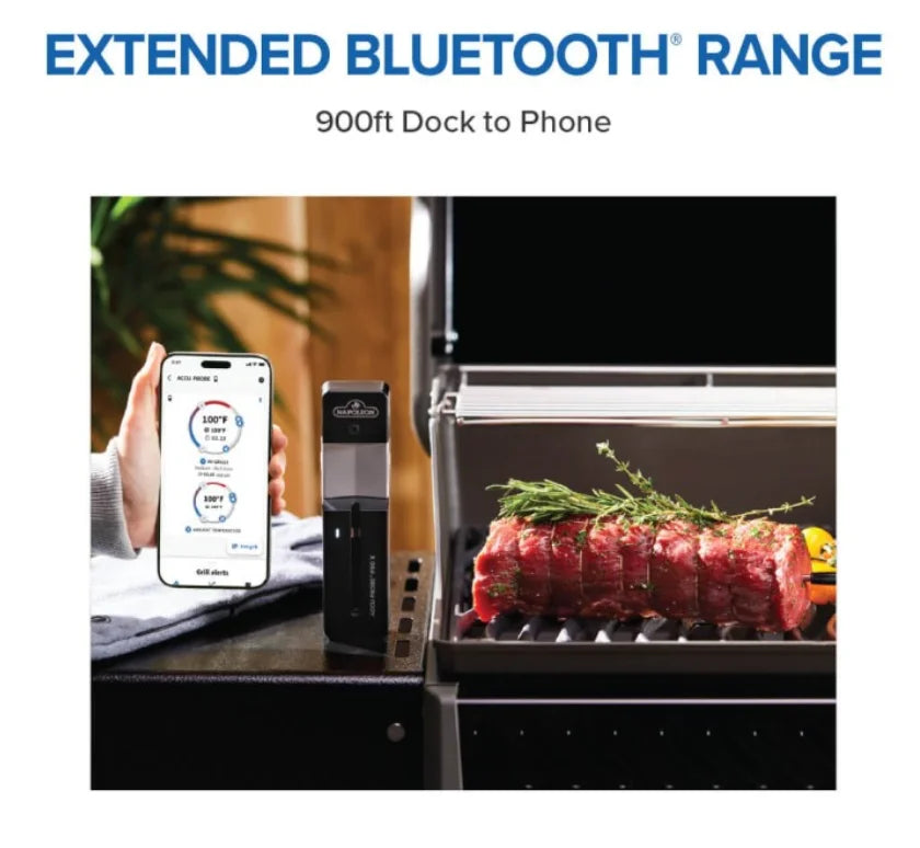 Napoleon ACCU-PROBE PRO X Wireless Bluetooth Smart Thermometer with ultra-thin, waterproof probe featuring 6 temperature sensors for precise doneness monitoring up to 1200°F ambient and 212°F internal.