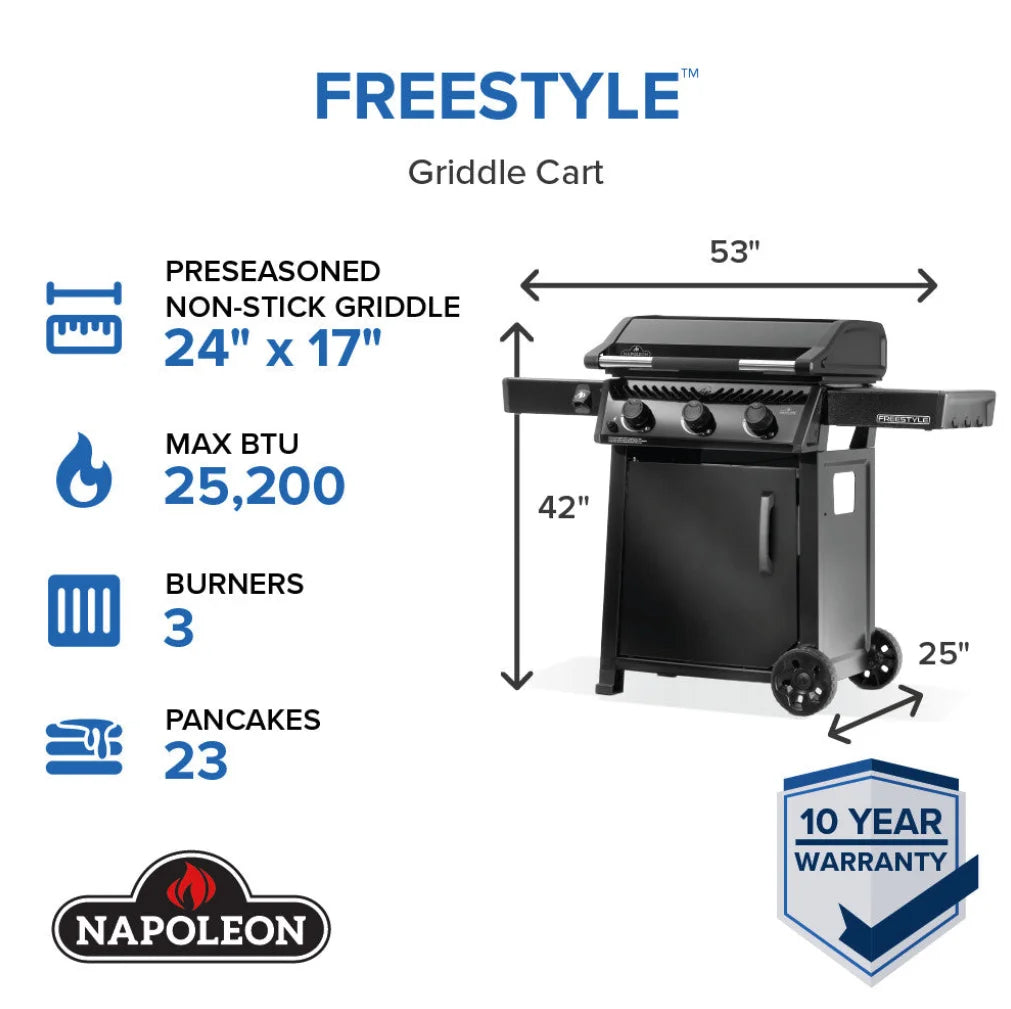 Napoleon 24" Freestyle Non-Stick Griddle: A pre-seasoned steel cooktop offers natural non-stick performance, heat retention, and durability for searing, sautéing, or simmering with three burners delivering 25,200 BTUs of even heat.