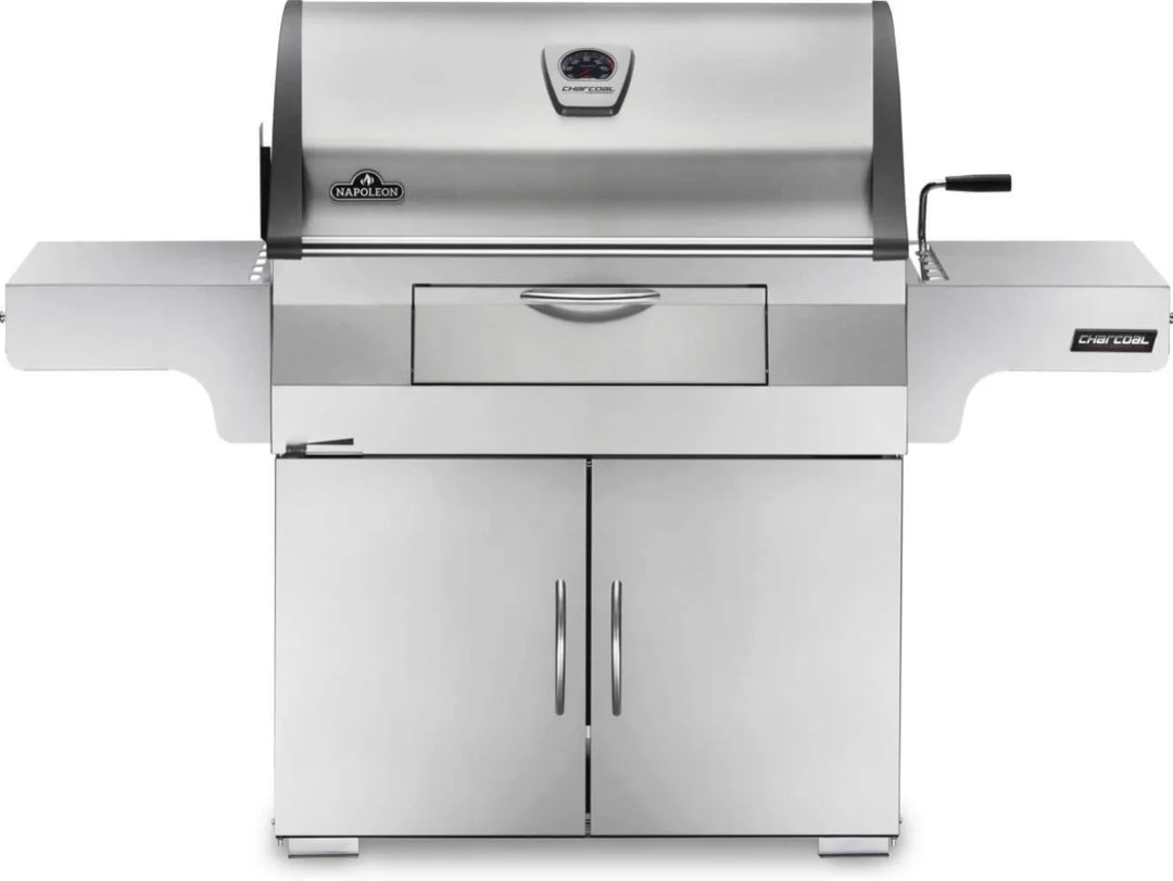Napoleon Professional 605 Charcoal Cart: Durable stainless steel construction, full-size charcoal grill with 605 sq.in. primary cooking space, adjustable charcoal bed, sliding air vents, and rear rotisserie burner.