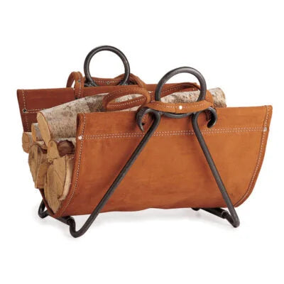 Pilgrim Forged Iron Log Carrier with removable suede leather log carrier and hand-forged iron frame, perfect for displaying and carrying logs to hearth in Vintage Iron finish.