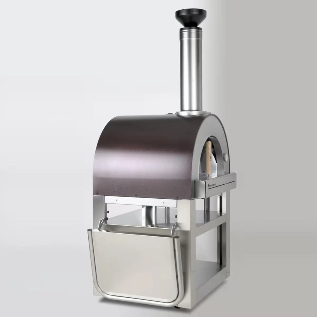 Forno Venetzia Pronto 500 Copper - Authentic Italian wood-fired pizza oven with freestanding cart, featuring 480 sq. in. cooking area, firebrick hearth, and UV-resistant copper dome finish.