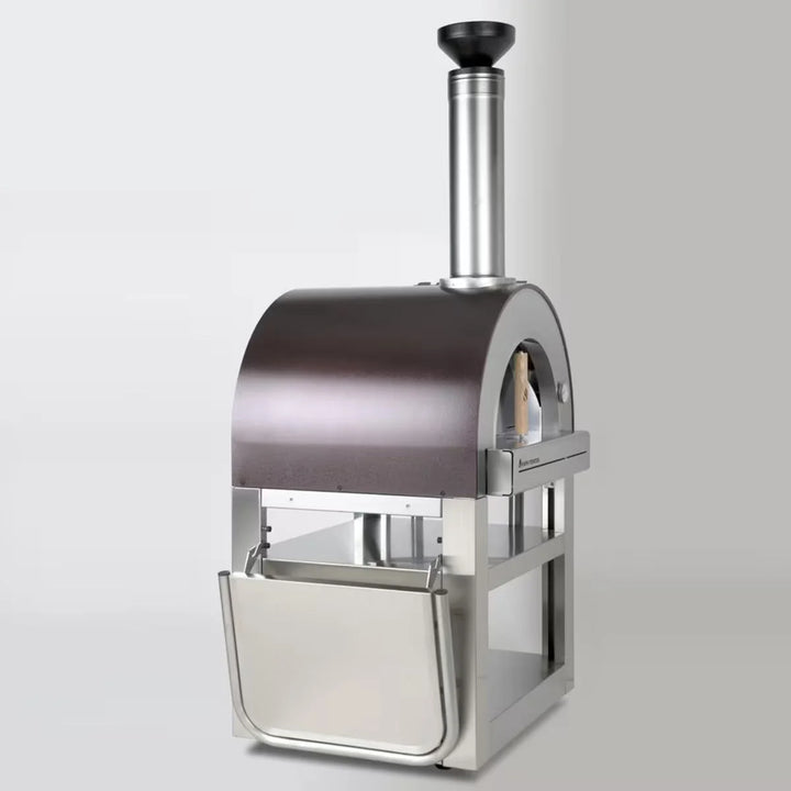 Forno Venetzia Pronto 500 Copper - Authentic Italian wood-fired pizza oven with freestanding cart, featuring 480 sq. in. cooking area, firebrick hearth, and UV-resistant copper dome finish.