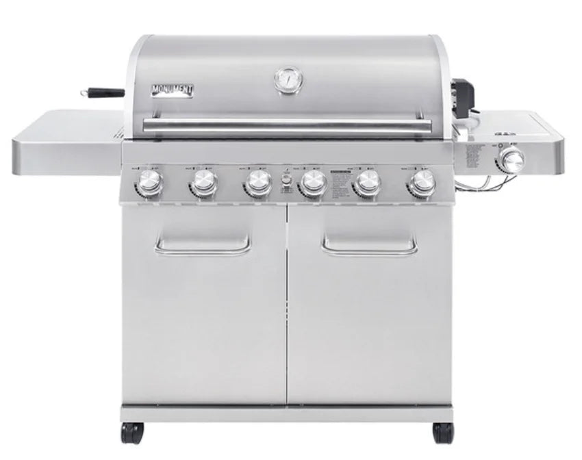 Monument Grills '77352' Stainless Steel Gas Grill with Free Rotisserie Kit - Classic Series: Professional-grade grill featuring six 304 stainless steel burners, side burner, and rotisserie kit, delivering unparalleled grilling power and precision across 880 sq. in. of cooking area.