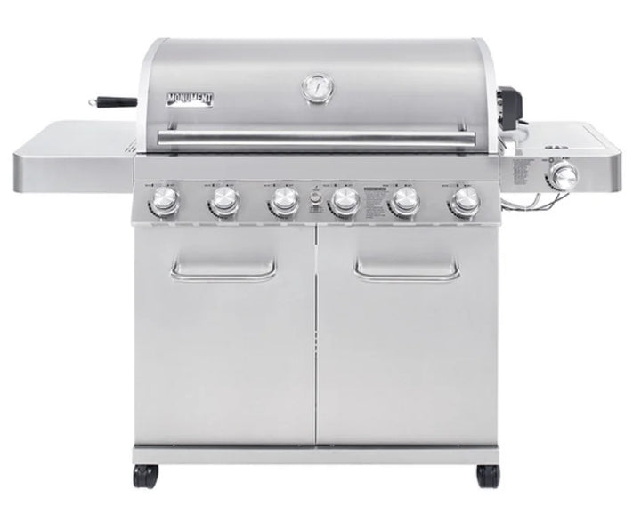 Monument Grills '77352' Stainless Steel Gas Grill with Free Rotisserie Kit - Classic Series: Professional-grade grill featuring six 304 stainless steel burners, side burner, and rotisserie kit, delivering unparalleled grilling power and precision across 880 sq. in. of cooking area.