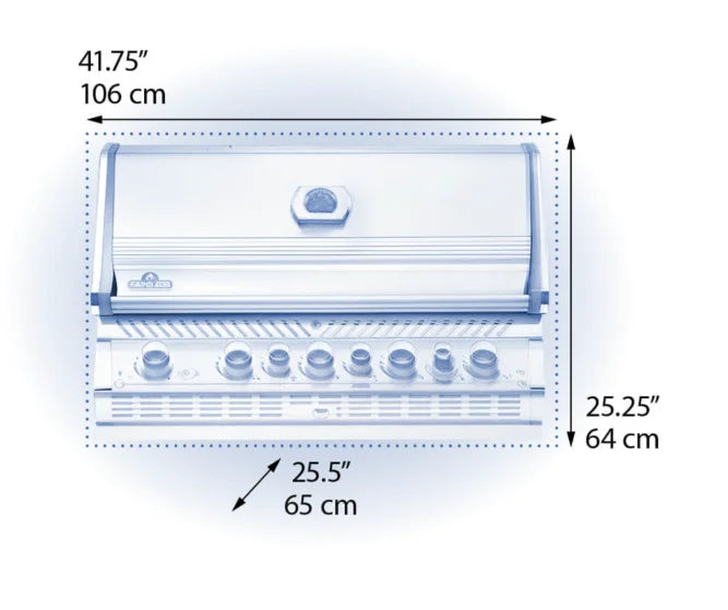 Napoleon Prestige Pro 665 Built-in Gas Grill featuring durable stainless steel construction, five high-output main burners, infrared rear burner, and illuminated control knobs with customizable colors.