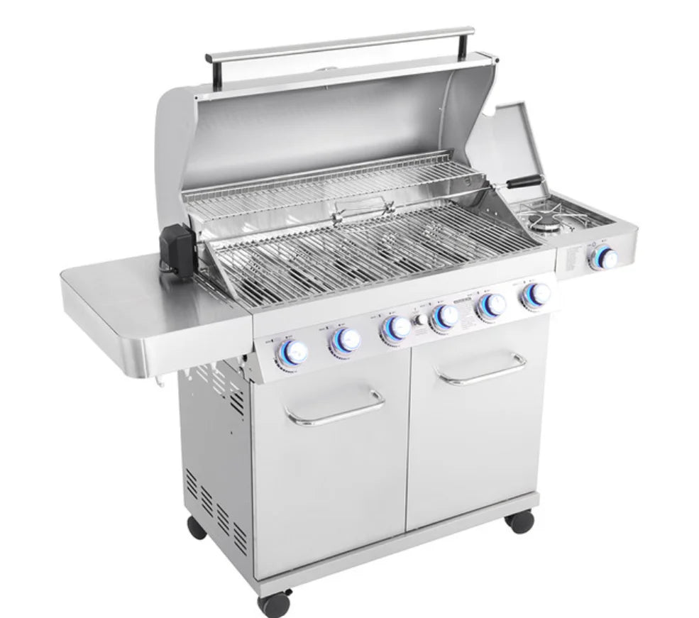 Monument Grills 77352 Stainless Steel Gas Grill with Free Rotisserie Kit - Classic Series: High-performance gas grill with six 304 stainless steel burners, side burner, and rotisserie kit, delivering 84,000 BTUs of power across 880 sq. in. cooking area.