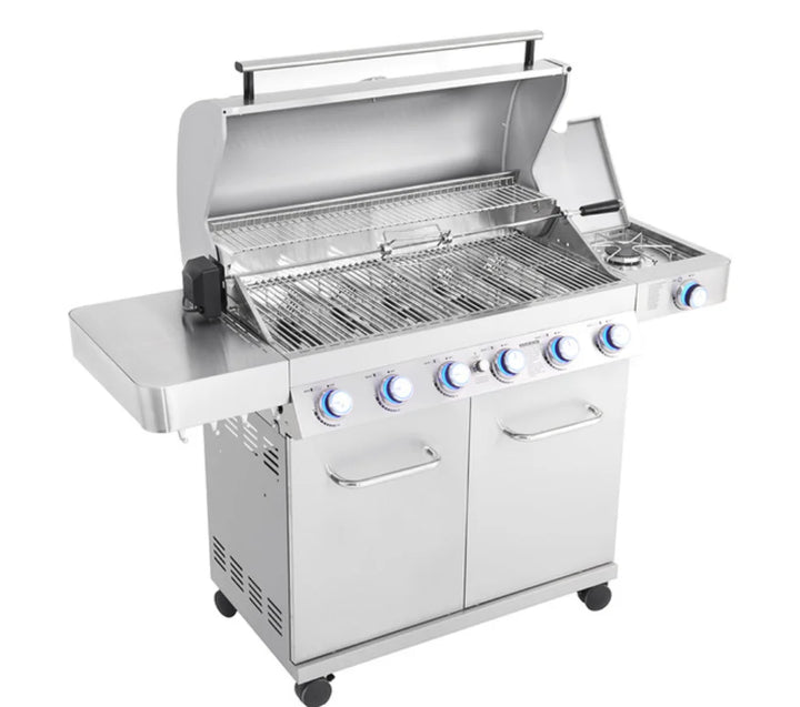 Monument Grills 77352 Stainless Steel Gas Grill with Free Rotisserie Kit - Classic Series: High-performance gas grill with six 304 stainless steel burners, side burner, and rotisserie kit, delivering 84,000 BTUs of power across 880 sq. in. cooking area.
