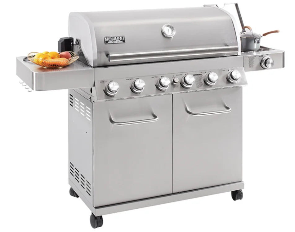 Monument Grills '77352' Stainless Steel Gas Grill with Free Rotisserie Kit - Classic Series: A high-performance freestanding BBQ with 6 x 304 stainless steel burners, side burner, and included rotisserie kit, delivering 84,000 total BTUs of cooking power across 880 sq. in. of cooking area.