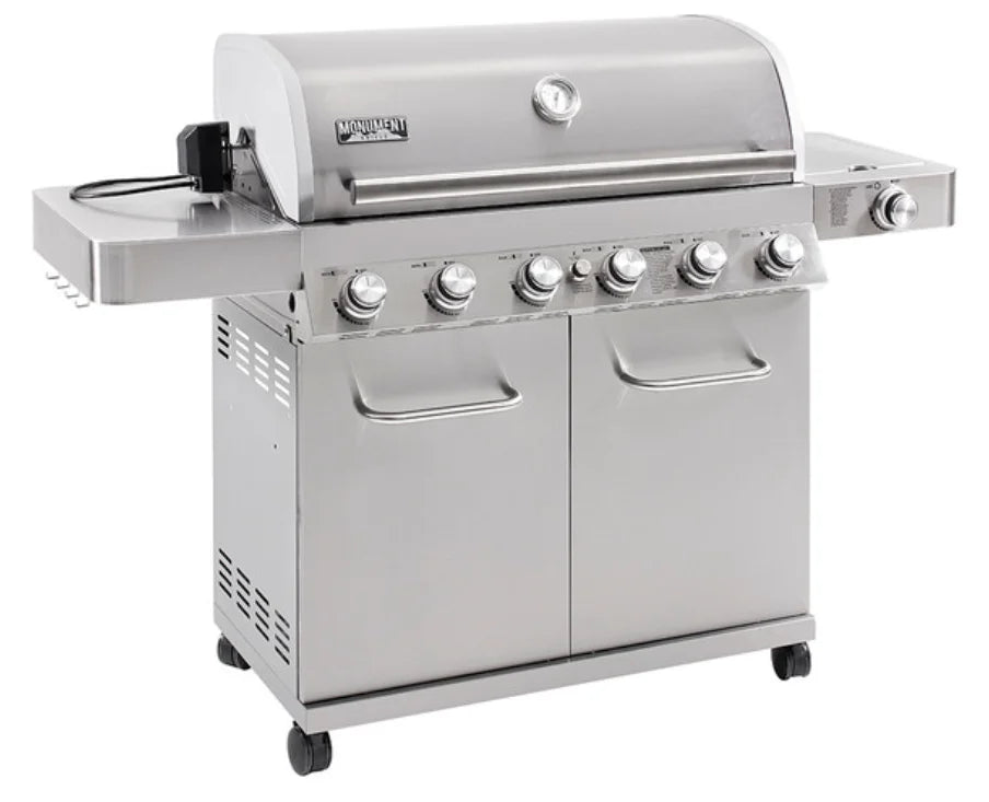 Monument Grills Stainless Steel Gas Grill (77352) with Rotisserie Kit - Classic Series: Freestanding propane gas grill featuring six 304 stainless steel burners, side burner, and rotisserie kit for unparalleled grilling power and precision.