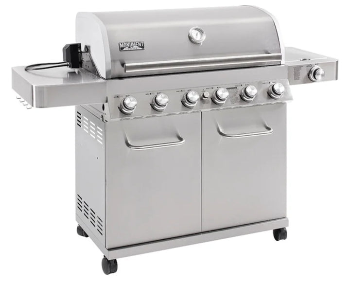Monument Grills Stainless Steel Gas Grill (77352) with Rotisserie Kit - Classic Series: Freestanding propane gas grill featuring six 304 stainless steel burners, side burner, and rotisserie kit for unparalleled grilling power and precision.