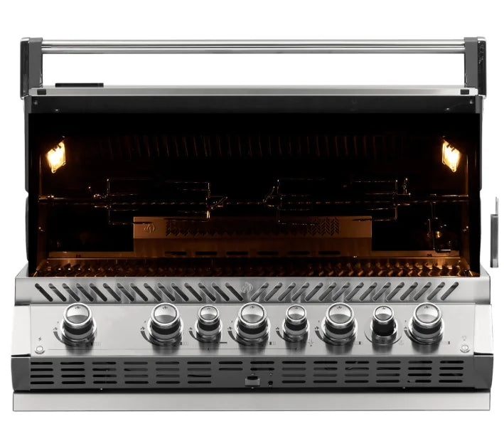 Napoleon Prestige Pro 665 Built-in Gas Grill features stainless steel construction, five high-output main burners, and infrared rear burner for professional-grade grilling performance.
