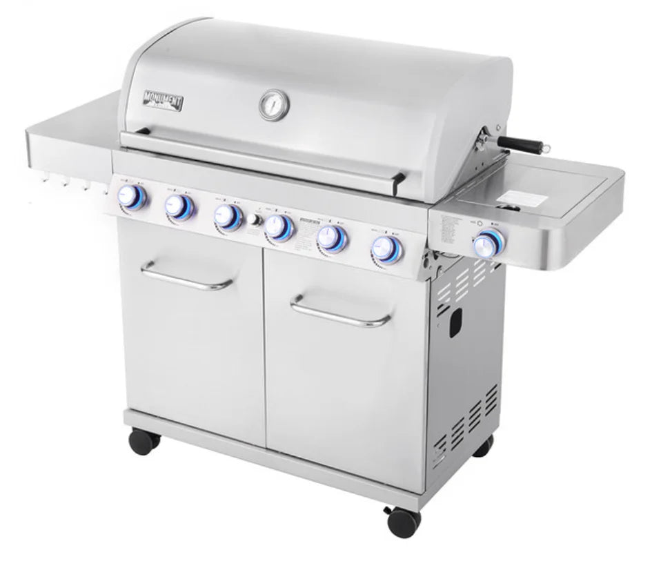 Monument Grills '77352' Stainless Steel Gas Grill with Free Rotisserie Kit - Classic Series, featuring six 304 stainless steel burners, versatile side burner, and included rotisserie kit for unparalleled grilling power and precision.