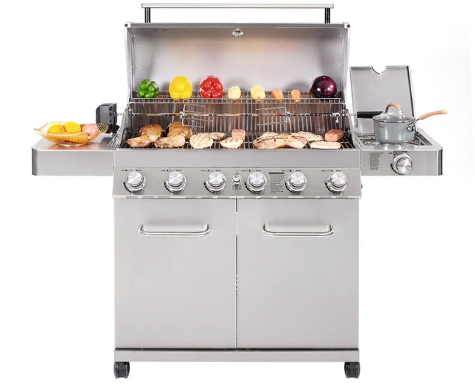 Monument Grills "77352" Stainless Steel Gas Grill with Free Rotisserie Kit - Classic Series: A professional-grade gas grill with six 304 stainless steel burners and a side burner, delivering 84,000 BTUs of cooking power across 880 sq. in. of total cooking area, perfect for grilling up to 16 guests.