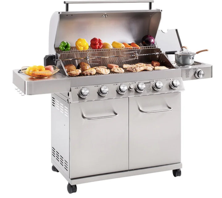 Monument Grills "77352" Stainless Steel Gas Grill with Free Rotisserie Kit - Classic Series: A high-performance freestanding grill with six 304 stainless steel burners, electronic ignition system, and a large cooking area featuring precision controls and elegant LED-lit knobs.