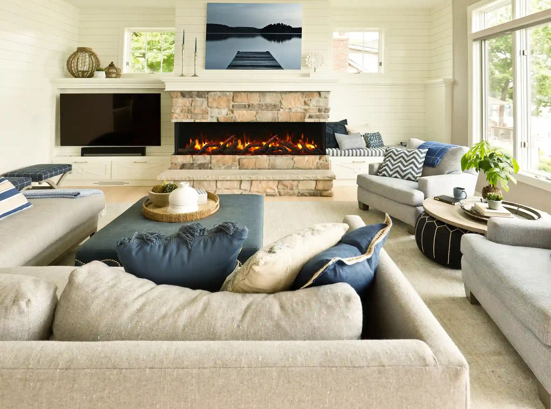Remii BAY-SLIM 3 Sided Electric Fireplace with vibrant, multi-colored flame presentation, 13-color ambient canopy lighting, and 5000 BTU heat output in a sleek, slim design (10 5/8" depth)