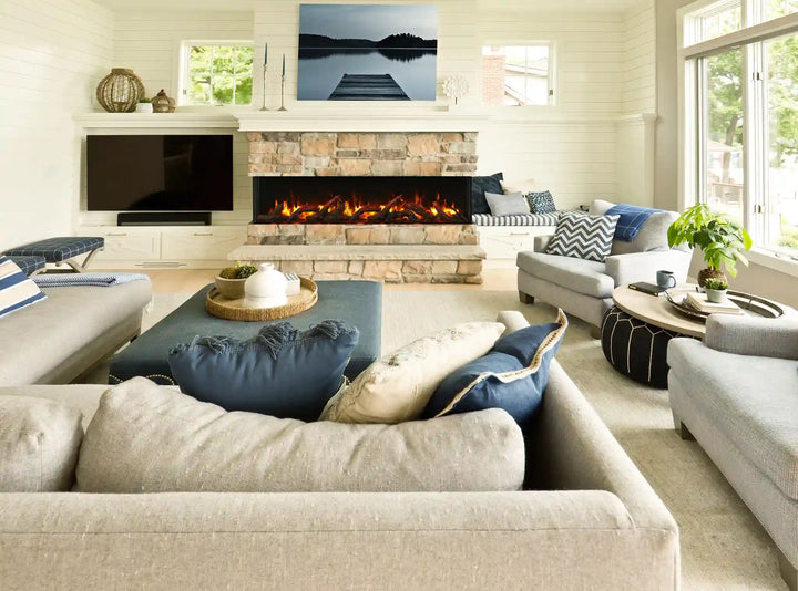 Remii BAY-SLIM 3 Sided Electric Fireplace with vibrant, multi-colored flame presentation, 13-color ambient canopy lighting, and 5000 BTU heat output in a sleek, slim design (10 5/8" depth)