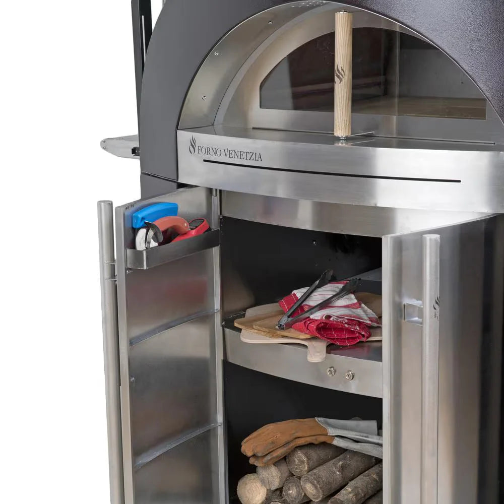 Forno Venetzia Bellagio 500 Copper Outdoor Wood Fired Pizza Oven with Extra-Large Cooking Surface, Dual-Layer Ceramic Insulation, Stainless Steel Cart and Heavy-Duty Casters.