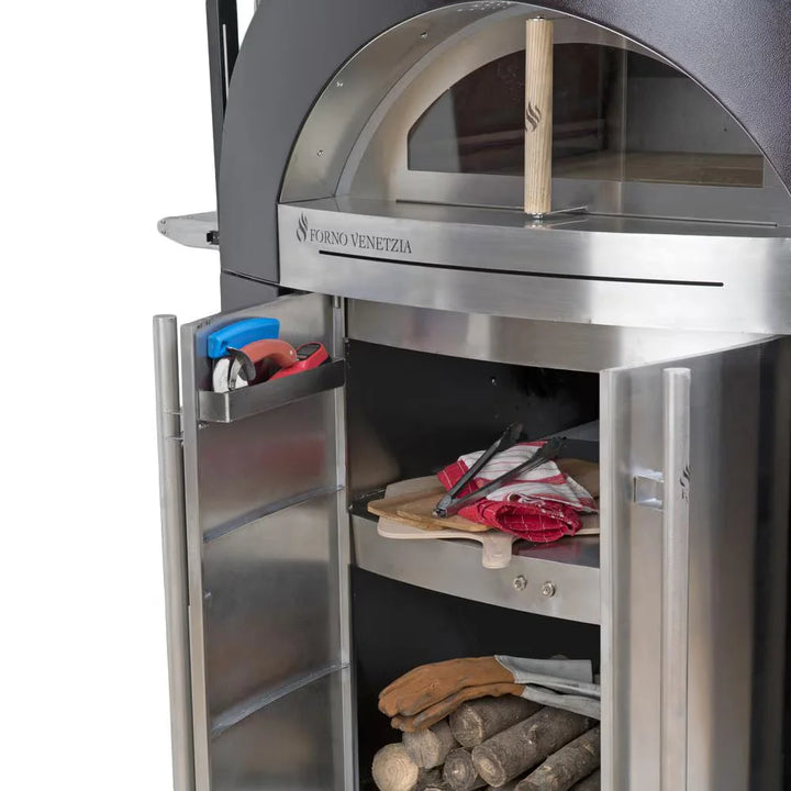Forno Venetzia Bellagio 500 Copper Outdoor Wood Fired Pizza Oven with Extra-Large Cooking Surface, Dual-Layer Ceramic Insulation, Stainless Steel Cart and Heavy-Duty Casters.