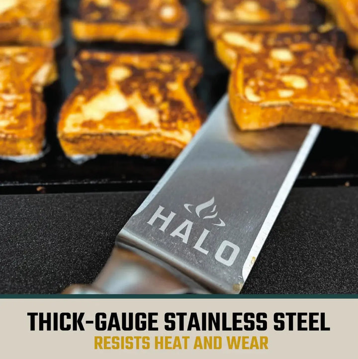Halo 5-Piece Elite Essentials Griddle Tool Kit featuring durable stainless steel spatulas, scoop spatula, blade spatula, squeegee scraper, and 27 oz squeeze bottle with magnetic handles for convenient grilling and cooking.