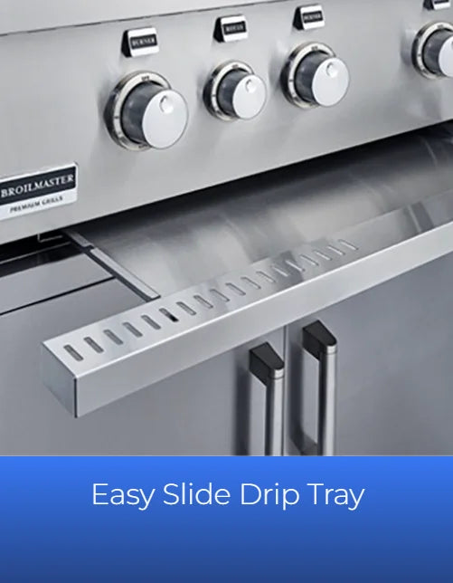 Broilmaster G-Series 34" Portable Gas Grill with three high-output Bow Tie burners producing 54,000 BTUs, infrared rotisserie burner, and spacious 806 sq. in. cooking area made from premium 304 stainless steel.