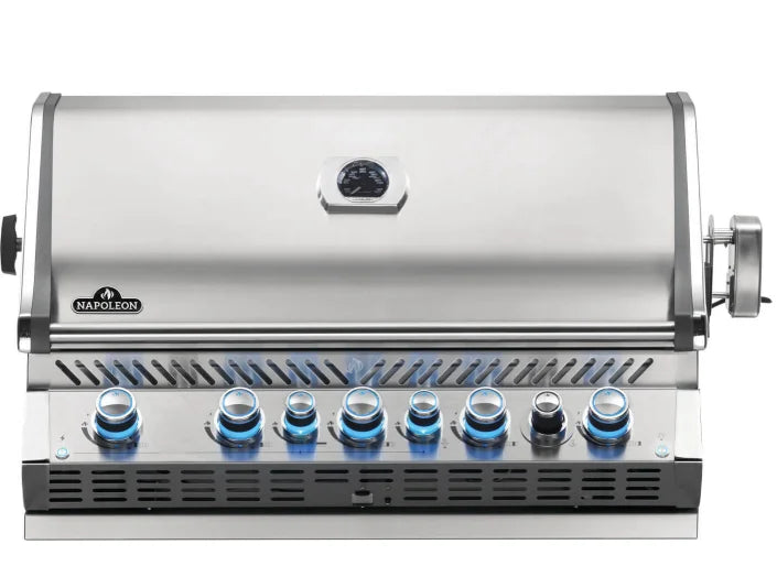 Napoleon Prestige PRO 665 Built-in Gas Grill features stainless steel construction, five high-output main burners, infrared rear burner, and WAVE cooking grids for even heat distribution.