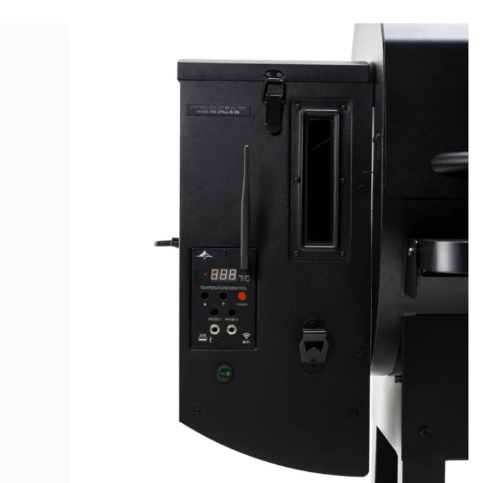 Close-up of Ledge PRIME 2.0 WiFi Smart Pellet Grill featuring heavy-gauge steel construction, powder-coat finish, and large cooking area with dual meat probes and built-in grill light.