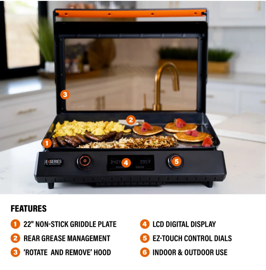 Blackstone E-Series 22" Electric Tabletop Griddle features a large ceramic titanium-coated cooking surface, dual heat zones, and detachable hood for versatile indoor or outdoor cooking.