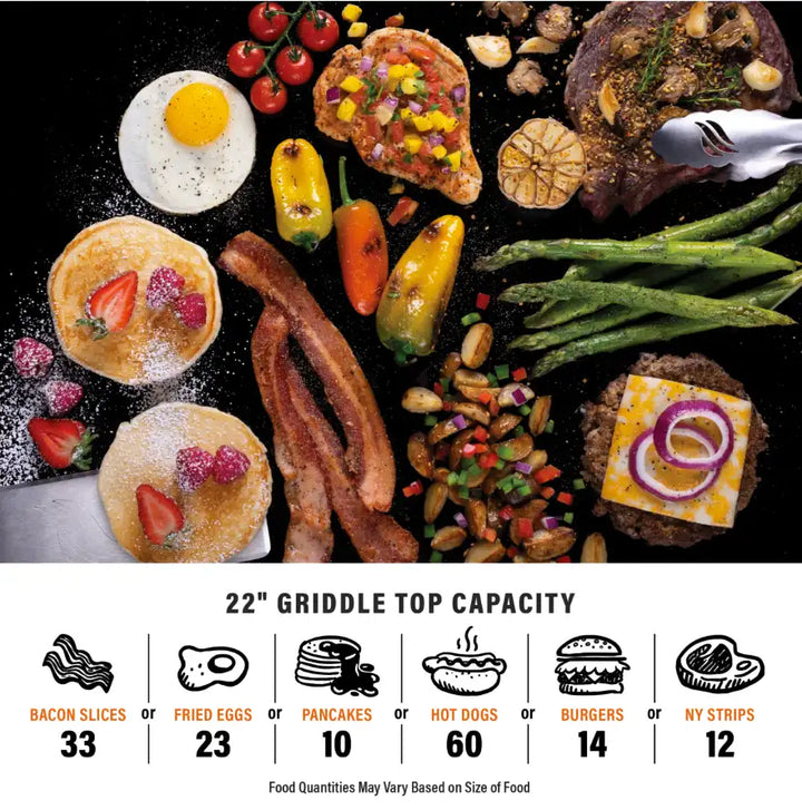Blackstone E-Series 22" Electric Tabletop Griddle featuring a large ceramic titanium-coated cooking surface, dual independently controlled heat zones, and a removable teppanyaki-style hood for versatile indoor and outdoor grilling.