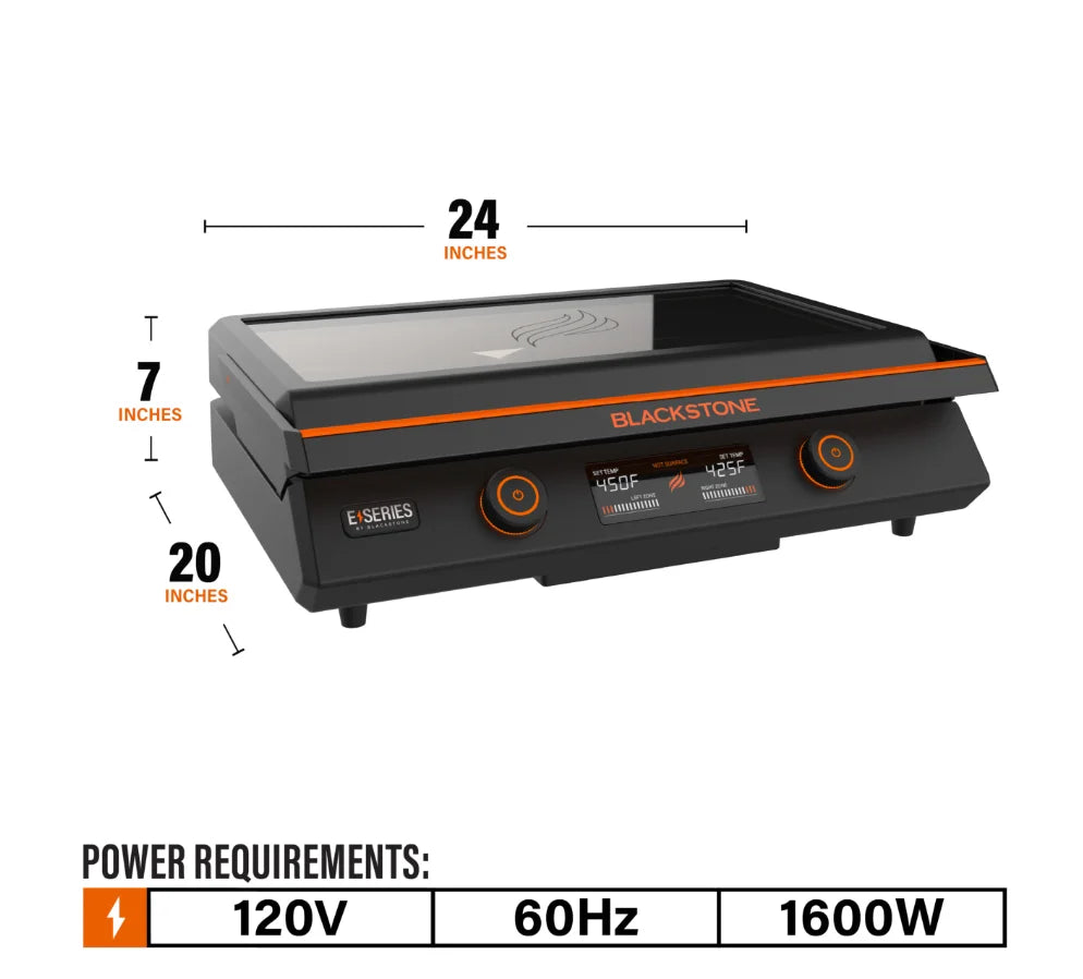 Blackstone E-Series 22-Inch Electric Tabletop Griddle featuring ceramic titanium-coated cooking surface, dual heat zones, detachable hood, and LCD digital display for precision temperature control.