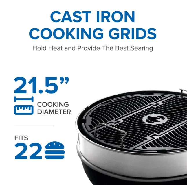 Napoleon Professional 22" Charcoal Kettle features porcelain-coated cast iron WAVE cooking grids with three adjustable height settings for precision heat control and versatile BBQ options.