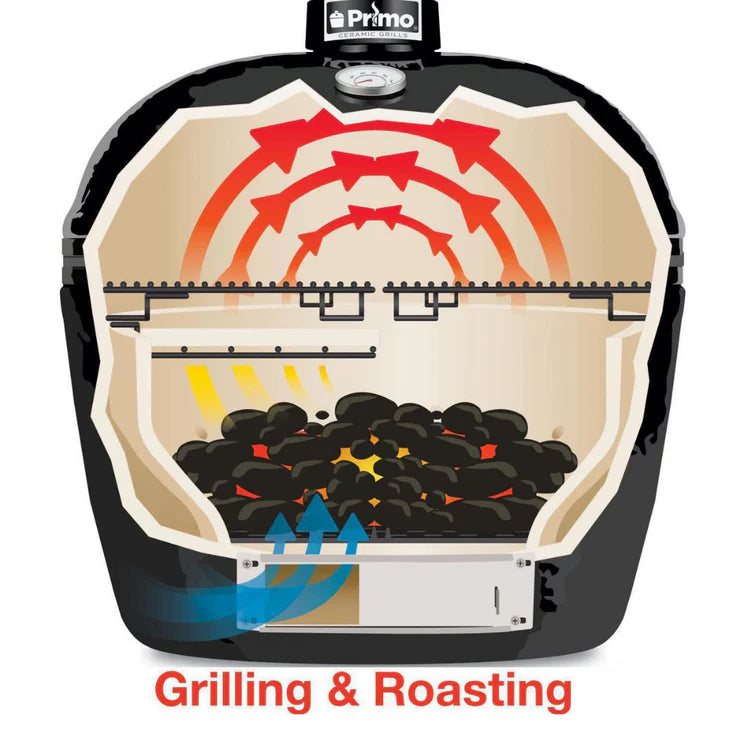 Primo Oval Junior 200 Ceramic Kamado Grill On Steel Cart With Side Tables And Stainless Steel Grates - PGCJRH